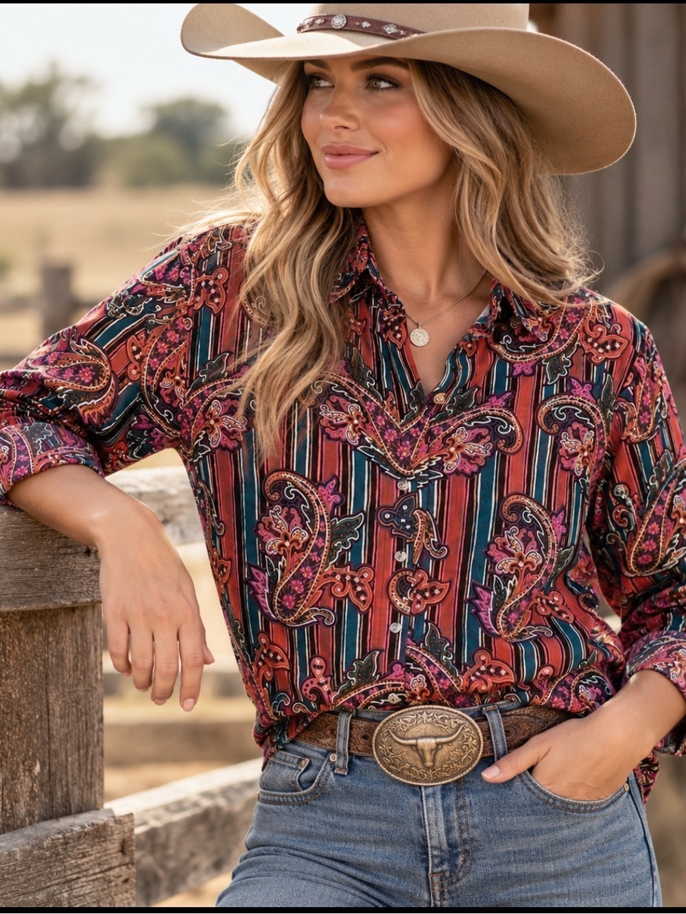 Vintage Roughrider Cowgirl Western Paisley Button Up Shirt Size L